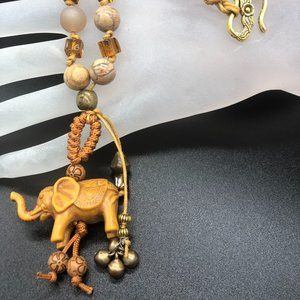 Necklace - Wooden Elephant with Brass, Agate, Druzy
